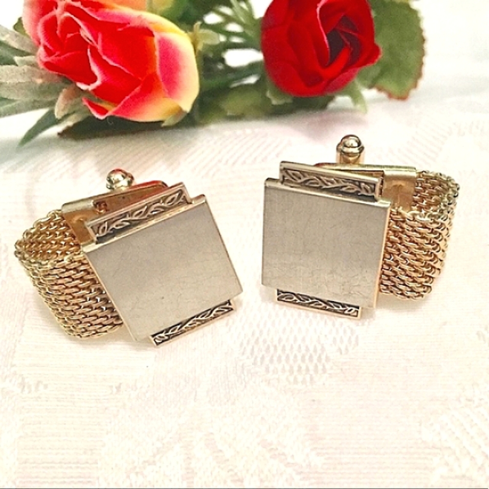 💛🤍Vintage Engraveable Silver & Gold Mesh Cuff Links🤍💛